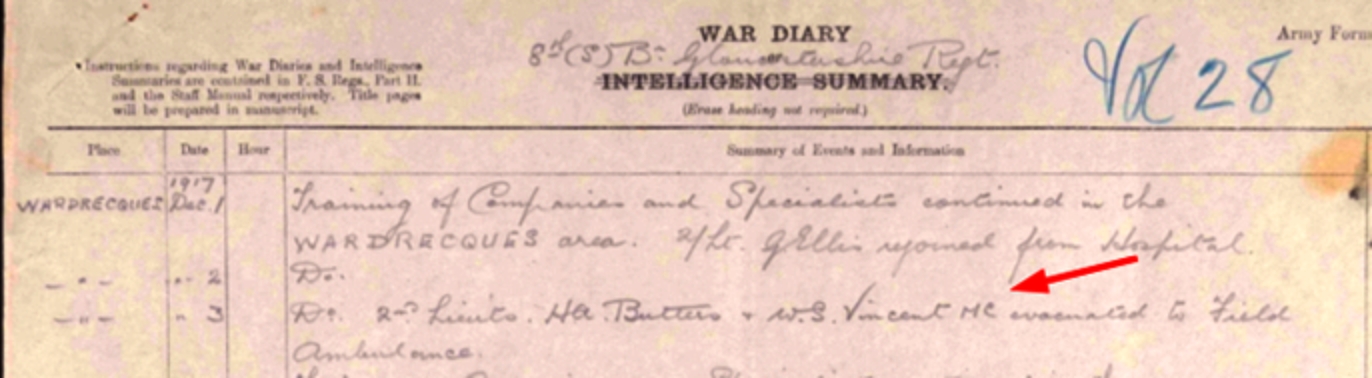 2nd Lt. W.S.Vincent M.C. evacuated by Field Ambulance 3rd December 1917